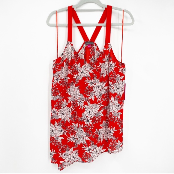 Vince Camuto Floral Print Asymmetric Hem Red V-Neck Tank Top Blouse Large NWT - Picture 4 of 13
